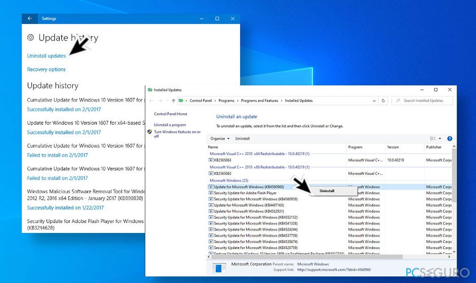 Uninstall the latest Windows 10 update